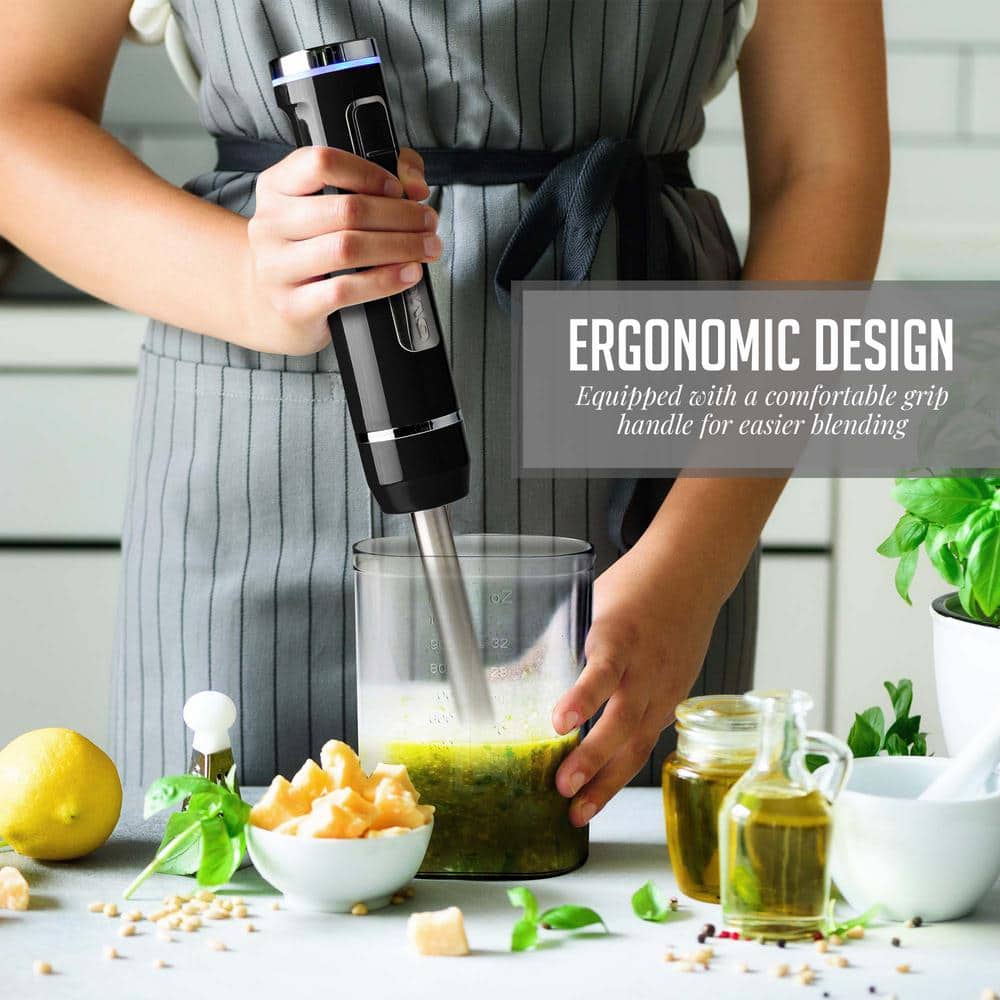 Ovente 8-Speed White Cordless Immersion Hand Blender with Stainless Steel Blades