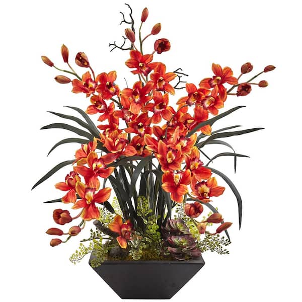 Nearly Natural Artificial Cymbidium Orchid with Black Vase