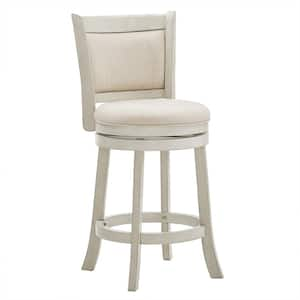 24.75 in. Antique White Finish Beige Upholstered Back Wood Frame Swivel Counter Height Stool