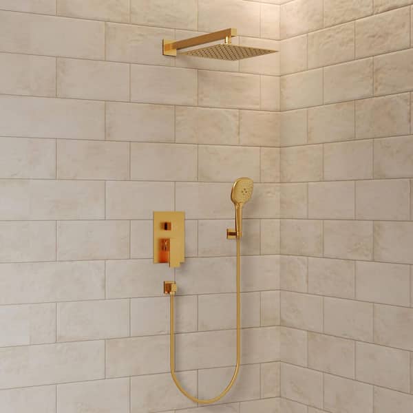 3-Spray 10 and 6 in. Dual 3 in 1 Ceiling Mount Fixed and Handheld Shower Head 2.5 GPM in Brushed Gold Valve Included