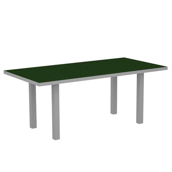 POLYWOOD Euro Textured Silver 36 in. x 72 in. Patio Dining Table with Green Top