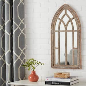 Medium Arched Natural Wood Windowpane Antiqued Farmhouse Accent Mirror (30 in. H x 15 in. W)