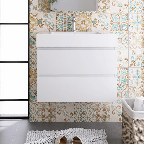 Staykiwi 30 in. W. x 18 in. D x 25.2 in. H Single Sink Floating Bath Vanity in White with White Solid Surface Top