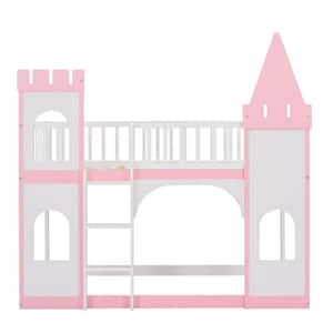 Pink Wood Twin over Twin Bunk Bed with Ladder and Guardrail, Kids Cartoon Castle Playhouse