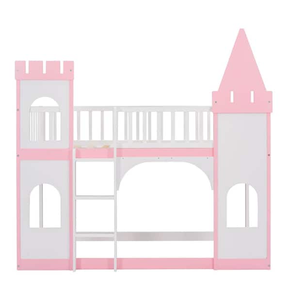 Angel Sar Pink Wood Twin over Twin Bunk Bed with Ladder and Guardrail, Kids Cartoon Castle Playhouse