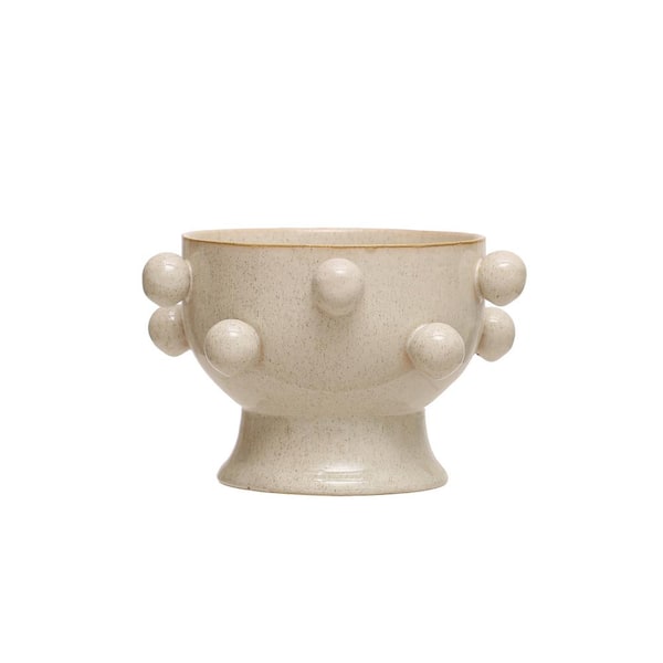 Storied Home 9 in. L x 9 in. W x 5.87 in H 8 qts. Cream Speckled Reactive Glaze Stone Decorative Pots with Orbs