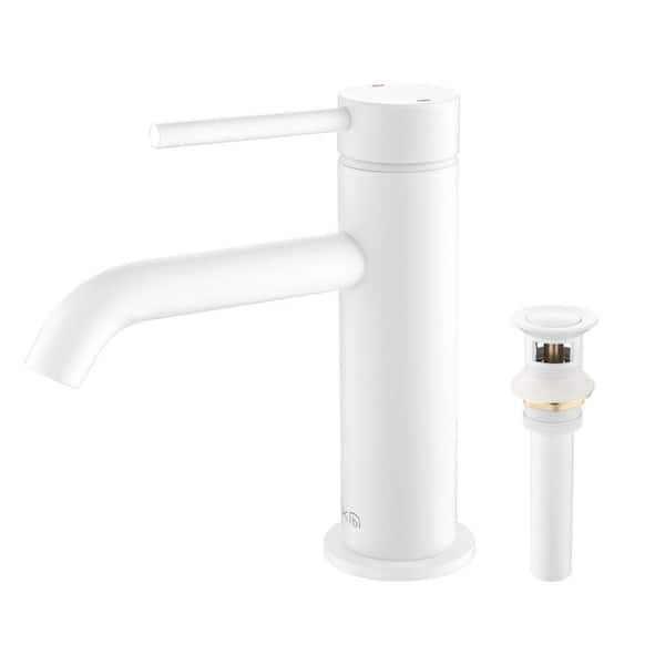 Single Hole Circular Single Handle Bathroom Vanity Sink Faucet with Pop Up Drain in Matte White