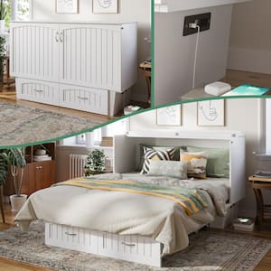 Sydney Queen White Wood Murphy Bed Chest with Mattress, Storage and Built-in Charging