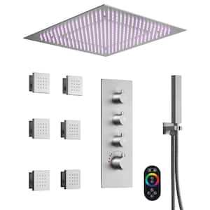 20 in. 7-Spray RBG with Thermostatic Valve, 6-Jet Ceiling Mount Fixed and Handheld Shower Head 2.5 GPM in Brushed Nickel