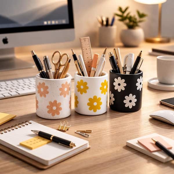 Multi 3.75 in. x 4.5 in. Ceramic Flower Power Pencil Cup Desk Accessory (Set of 3)