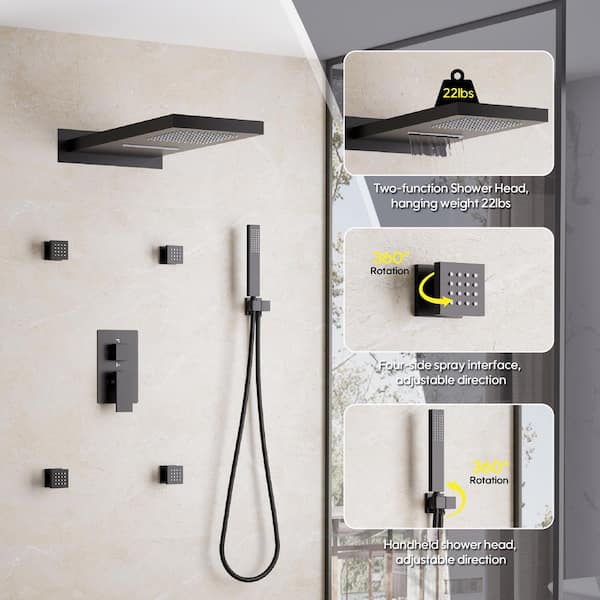 4-Spray Wall Mount Dual Fixed and Handheld Shower Head 2.5 GPM in Matte Black with 4 Jets, Pressure Balance Value
