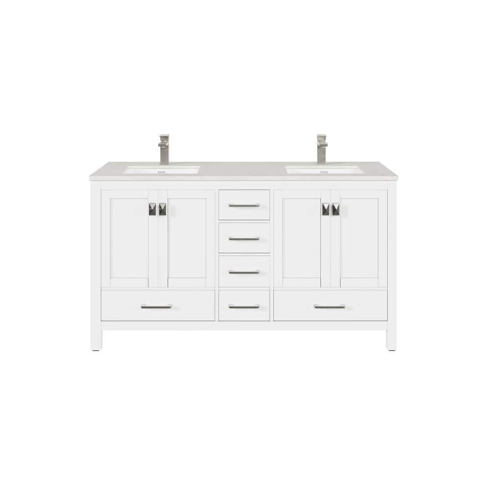 London Double Sink White Bathroom Vanity with Carrara Quartz Countertop