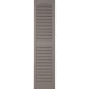 12 in. x 79 in. Lifetime Vinyl Custom Cathedral Top Center Mullion Open Louvered Shutters Pair Clay