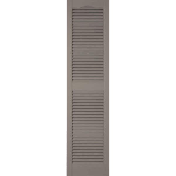 Ekena Millwork 14-1/2 in. x 48 in. Lifetime Vinyl Custom Cathedral Top Center Mullion Open Louvered Shutters Pair Clay