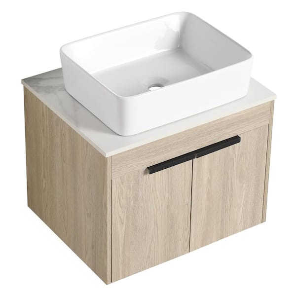 24 in. W Floating Bath Vanity in White Oak with White Ceramic Basin Top in White with Sink and Storage Shelves