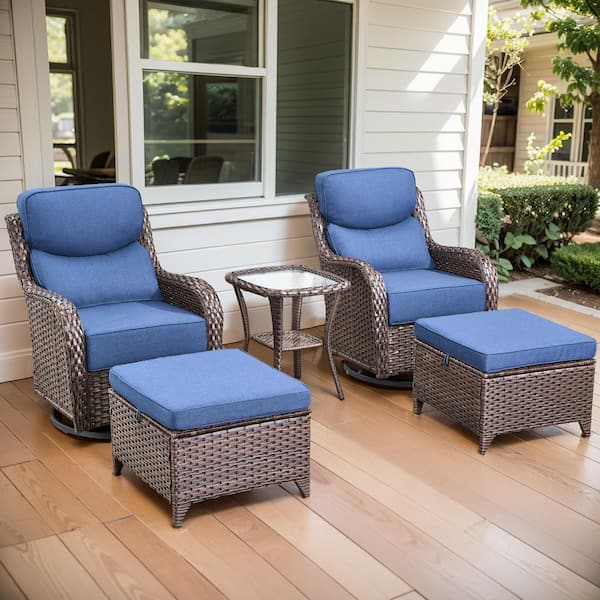 Arcadia Brown 5-Piece Wicker Swivel Rocker Patio Conversation Set with 6 in. Thick Navy Blue Cushions and Ottomans
