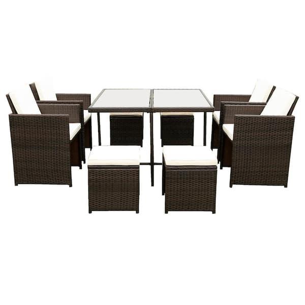 Unbranded Outdoor Space Saving Dark Brown 9-Pieces Wicker Patio Conversation Set with Beige Cushions