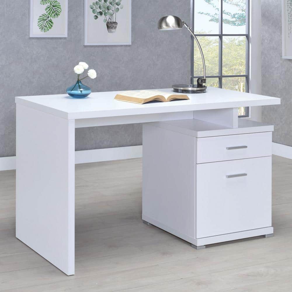 Transitional White Home Office Desk with Reversible Filing Cabinet