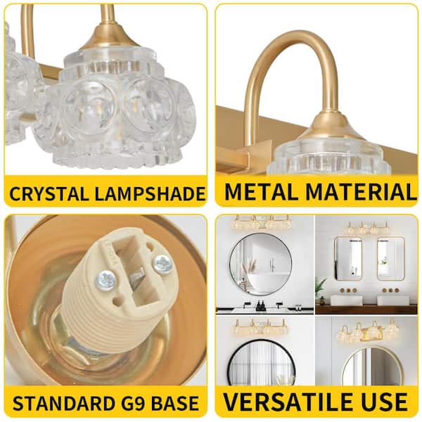 23 in. 4-Light Golden Vanity Lights, Wall Sconces with Clear Crystal Glass Shade for Bathroom Room, No Bulbs Included