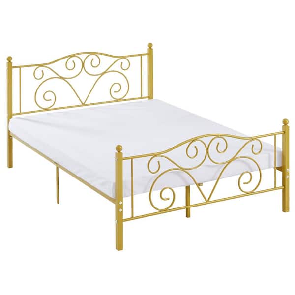 Bed Frame Queen Size Bed Mattress Foundation Support with Headboard and Footboard Metal Platform Bed, Gold
