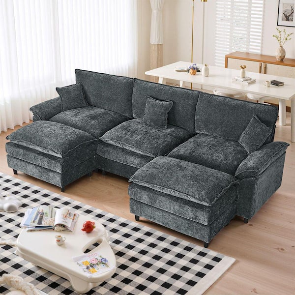 Modern Oversized 121.7 in. Pillows Armrests U-Shape Chenille Modular Sectional Sofa with 2 Ottomans in. Gray