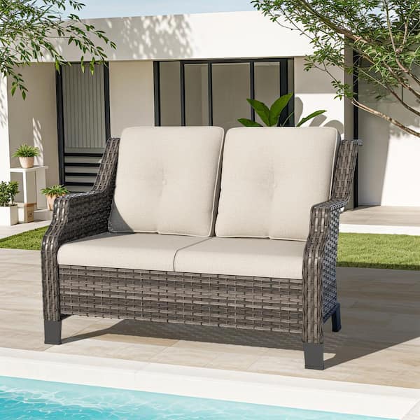 Gardenbee Brown Wicker Outdoor Patio Loveseat 2-Seat Sofa Couch with Beige Cushions