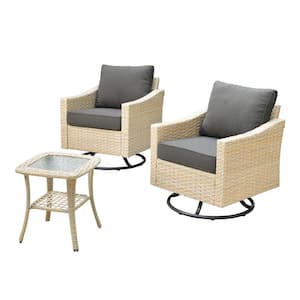Oconee Beige 3-Piece Wicker Outdoor Patio Conversation Swivel Rocking Chair Set with Black Cushions
