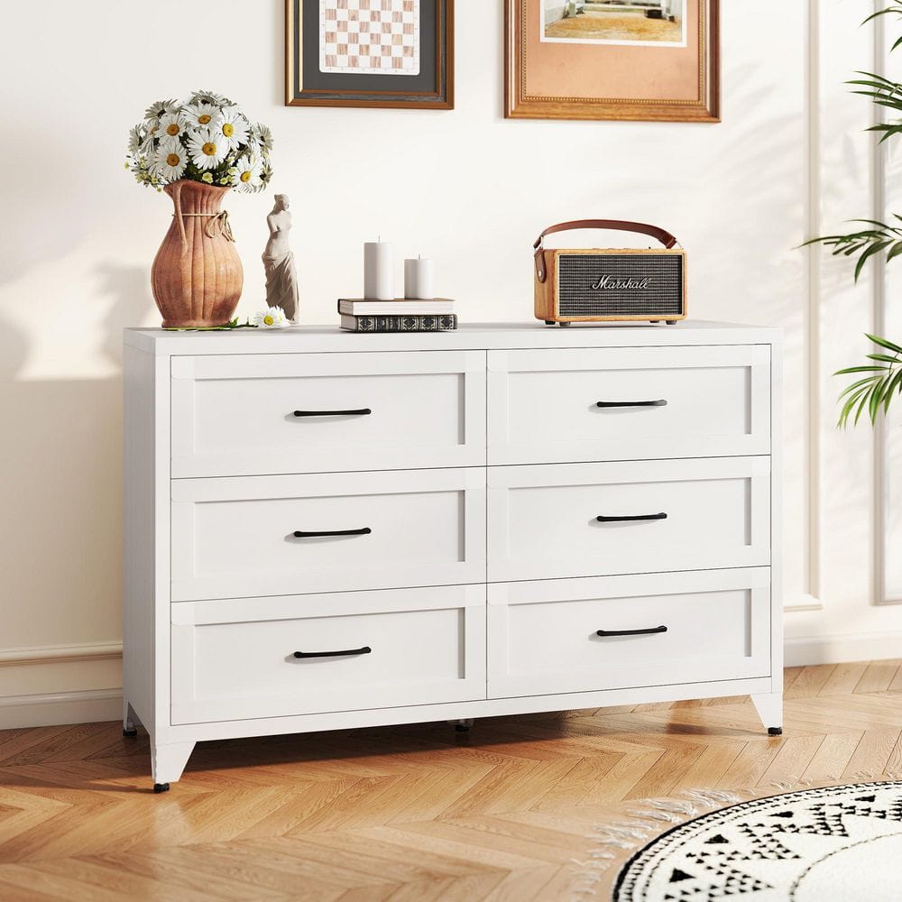 Torvelis Modern White 6-Drawer 47.2 in. Wide Metal Dresser, Storage Chest for Closet