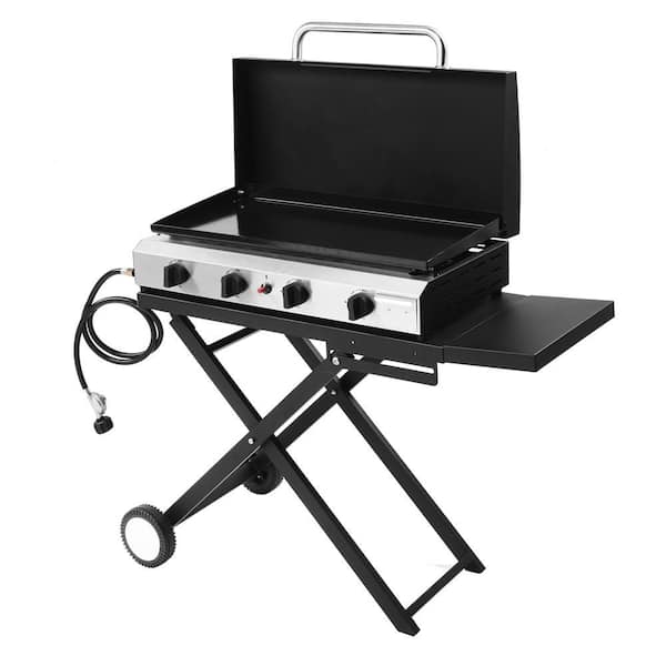 4 Burner Portable Propane Grills in Black Foldable Gas Grill with Wheels and Lid for Outdoor Cooking Camping