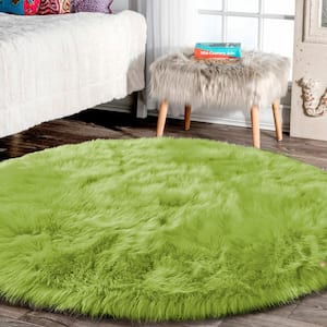 Faux Sheepskin Fur Green 10 ft. x 10 ft. Cozy Rugs Round Area Rug
