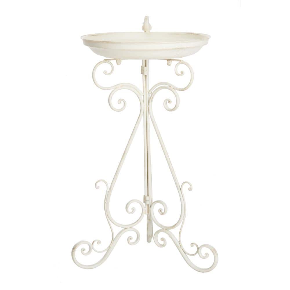 Pearl White Metal Scrolled Outdoor Bird Bath Stand