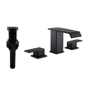 8 in. Widespread Double Handle Waterfall Bathroom Faucet with Drain Kit 3-Holes Brass Sink Basin Taps in Matte Black