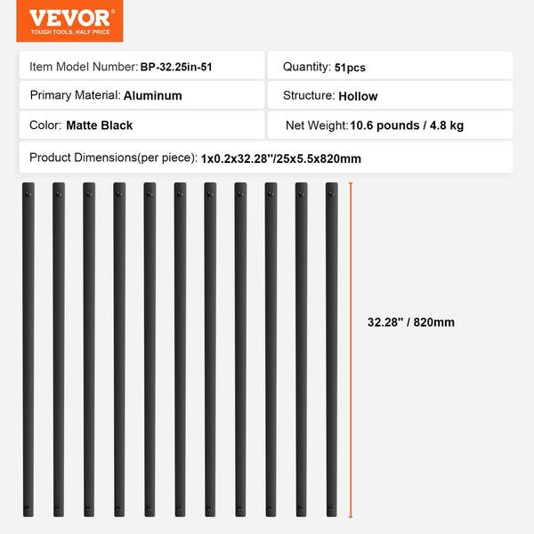 VEVOR Staircase Metal Balusters 32.28 in. H x 0.22 in. W Flat Black Aluminum Alloy Stair Railing Kit Deck Baluster (51-Pack)