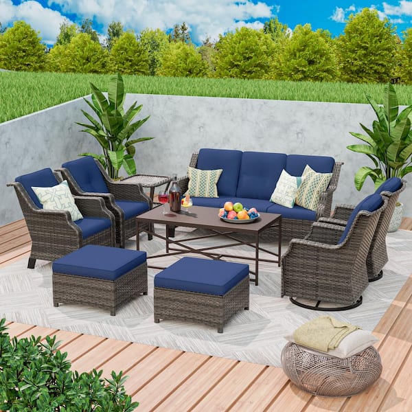 MeetLeisure 9-Piece Wicker Steel Outdoor Patio Conversation Set Coffee Table with Swivel Chairs and Blue Cushions
