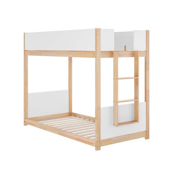 Dallas White/Natural Twin Bunk Bed with Ladder for Kids, No Box Spring Needed
