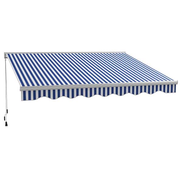 Outsunny 10 ft. x 13 ft. Blue and White Stripes Electric Retractable Awning with Remote Controller and Crank Handle