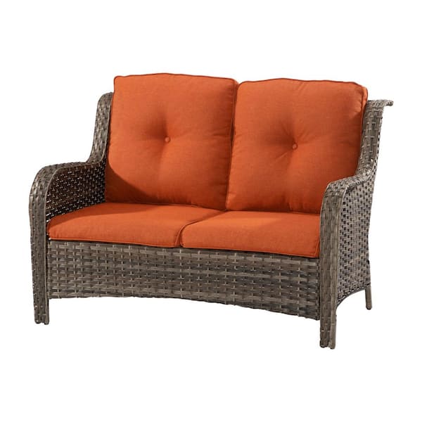 Brown Wicker Outdoor Patio Deep Seating Loveseat Couch with Orange Cushions