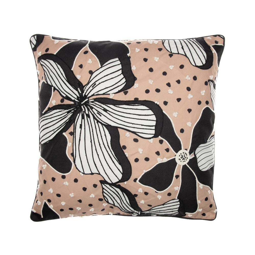 Stacy Garcia Beige/Black Floral Hand-Woven 20 in. x 20 in. Indoor Throw Pil