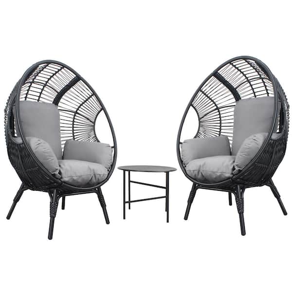 Unbranded 3-Piece Wicker Patio Conversation Set, Patio Egg Chairs with Side Table Set, Black Color PE Rattan and Grey Cushions
