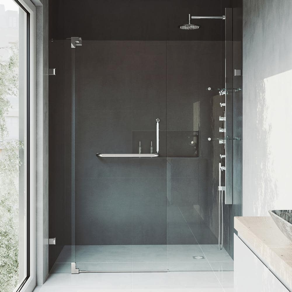 Pirouette 48" Frameless Clear Glass Pivot Shower Door with Black Hardware