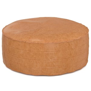 Brody Distressed Brown 32 in. Faux Leather Round Coffee Table Pouf