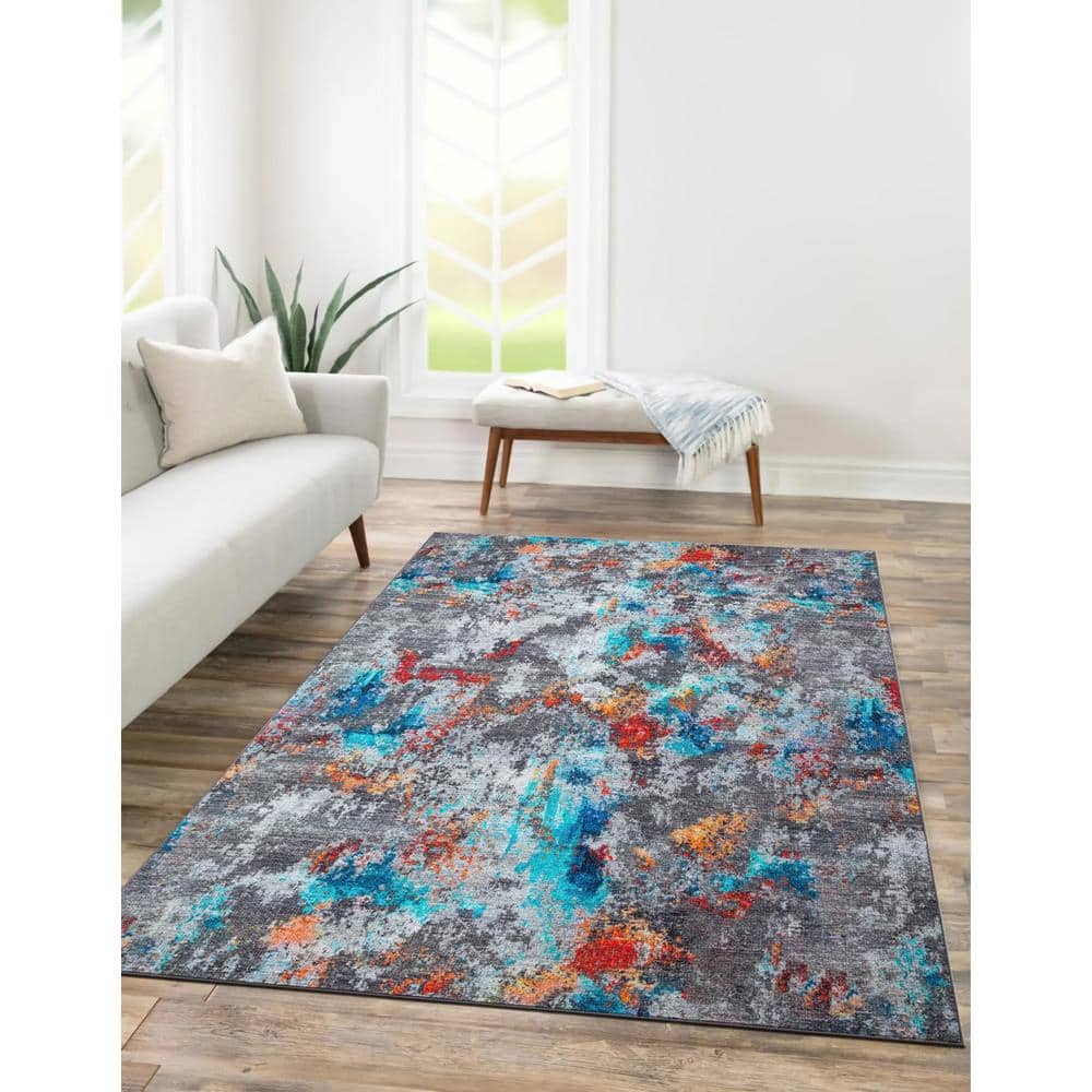 Ocean Breeze Blue and Gray Synthetic 5' x 7' Washable Area Rug