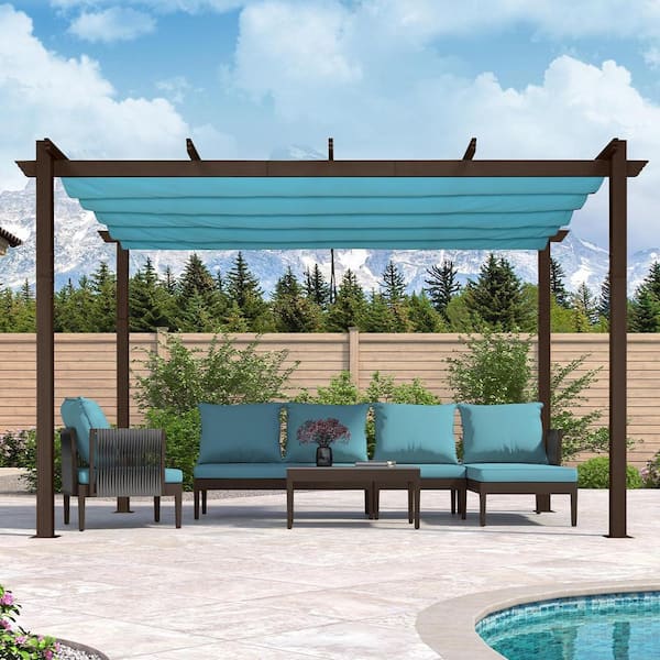 PURPLE LEAF 10 ft. x 12 ft. Bronze Aluminum Frame Outdoor Patio Pergola Gazebo with Blue Retractable Sun Shade Canopy for Deck
