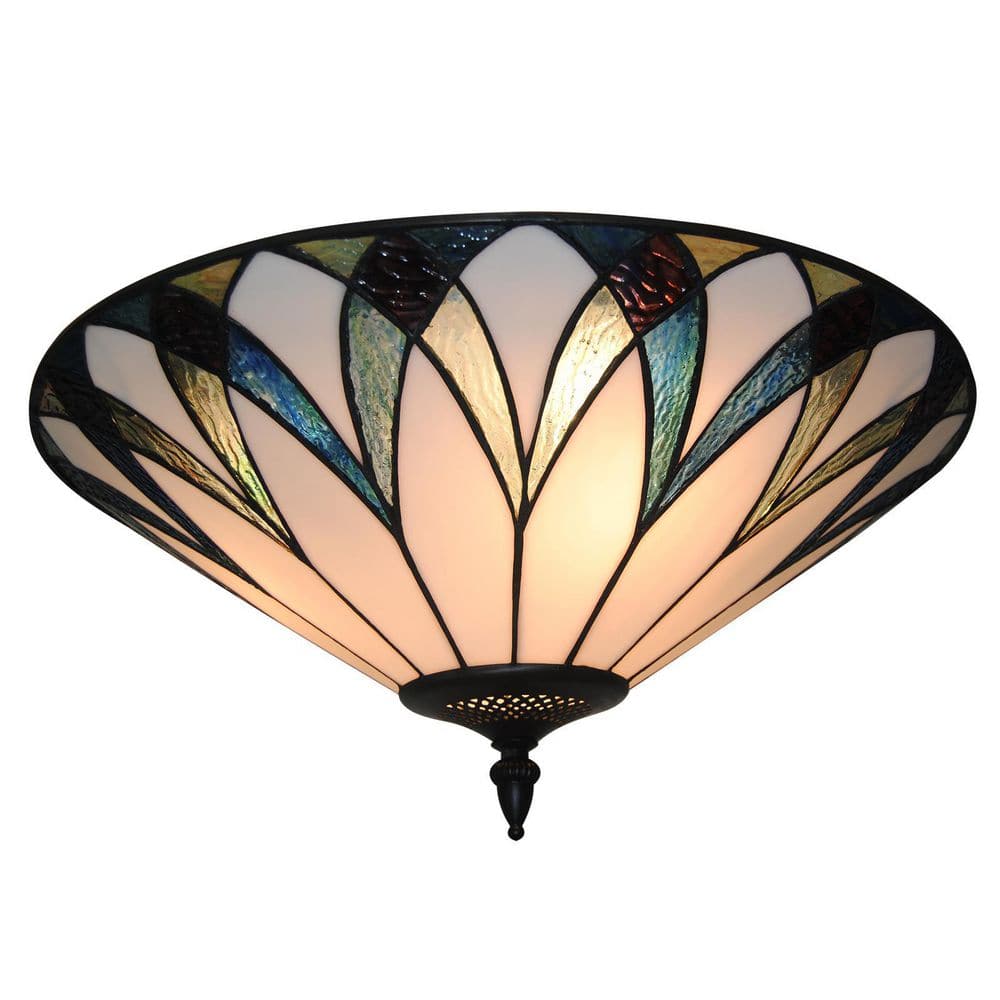 OUKANING 18 in. 3-Light Retro Elegant Stained Glass Flush