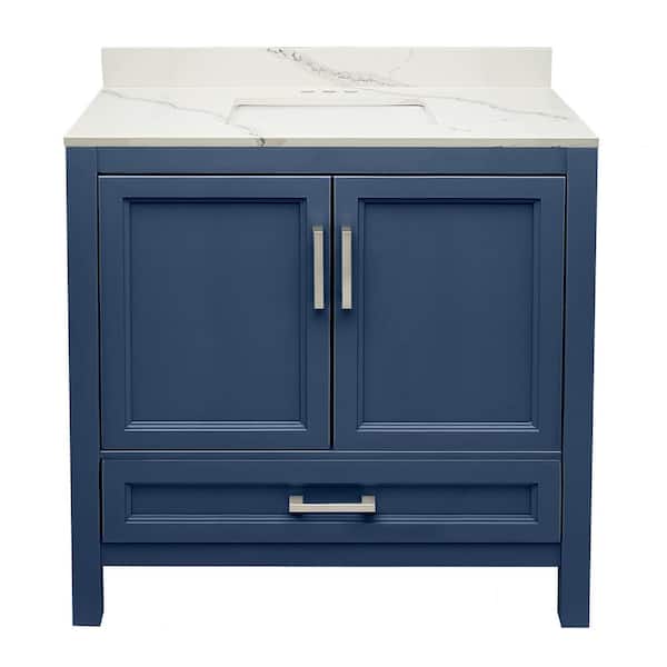 Ella Nevado 37 in. W x 22 in. D x 36 in. H Bath Vanity in Navy Blue with Quartz Stone Calacatta White Top with White Basin