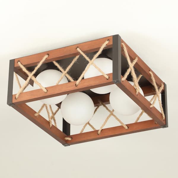 TOZING 16 in. 25-Watt Farmhouse Rustic Square Wood Dimmable LED Flush Mount Ceiling Light with Acrylic Shatterproof Shade