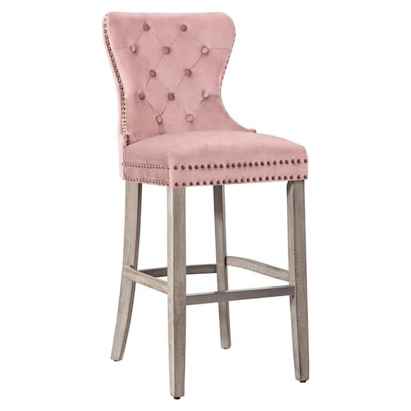 WESTINFURNITURE Harper 29 in. High Back Nail Head Trim Button Tufted Pink Velvet Counter Stool with Solid Wood Frame in Antique Gray