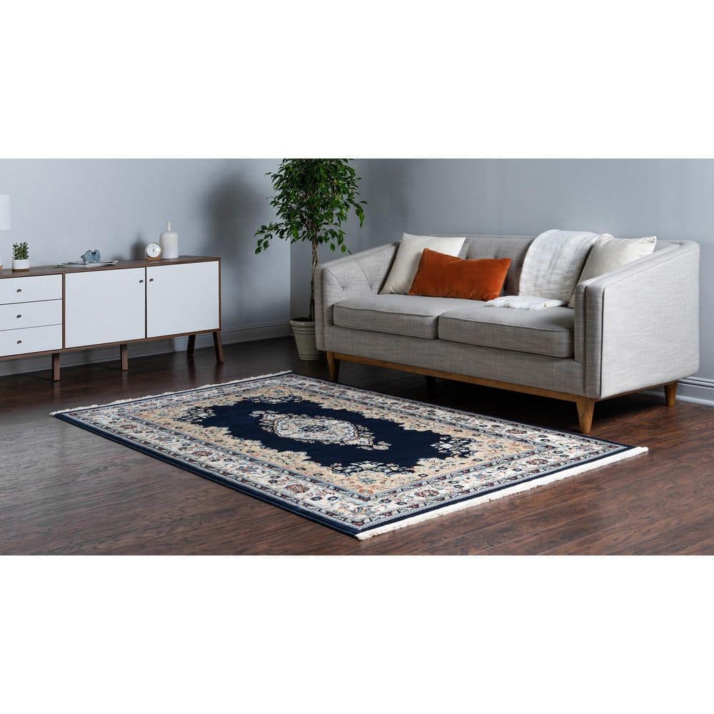 Elegant Navy Blue Floral 10' x 13' Synthetic Rectangular Rug