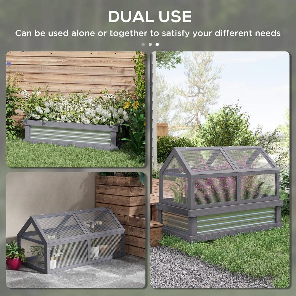 Gray Fir Wood Raised Garden Bed with Polycarbonate Greenhouse