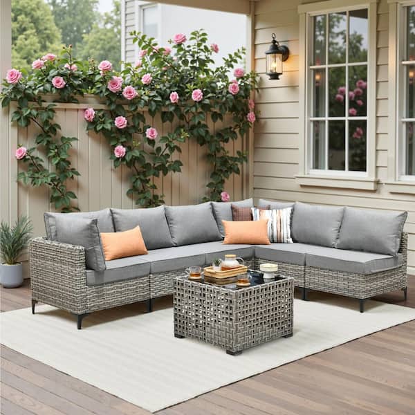 Holston 7-Piece Wicker Modern Outdoor Patio Conversation Sofa Sectional Set with a LED Table and Dark Grey Cushions